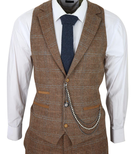 Mens 3 Piece Wool Suit Oak Brown Tweed Herringbone Check Peaky Blinders Gatsby