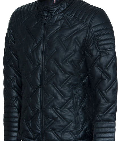 Men's Black Leather Quilted Biker Jacket - Manaus
