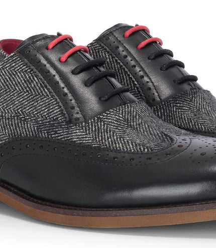 Justin Reess Men's Black Leather Tweed Brogue Shoes - Albert