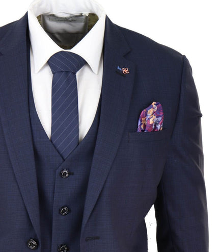 Mens 3 Piece Navy Blue Tailored Fit Retro Classic Suit