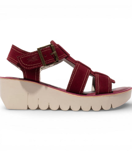 Fly London Women's YUDD236FLY Berry Red Leather Wedge Sandals
