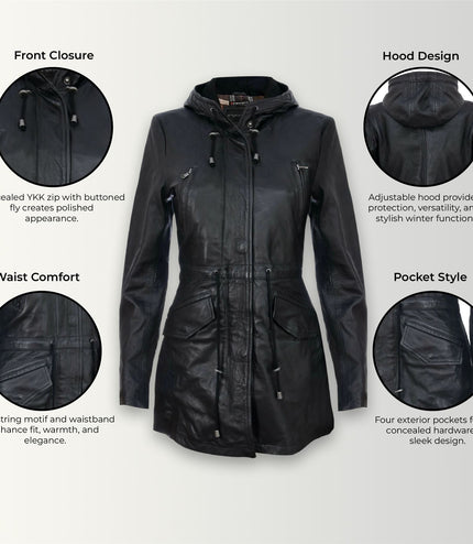 Womens Mid Length Hooded Parka Jacket-Oakengates - Black