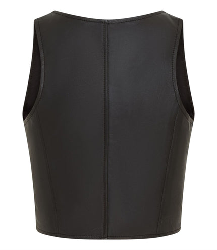 Womens Black Leather Waistcoat Biker Vest - MAM-WC