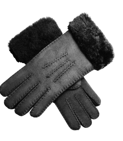 Infinity Leather Womens Black Sheepskin Suede Gloves with Fur Cuff