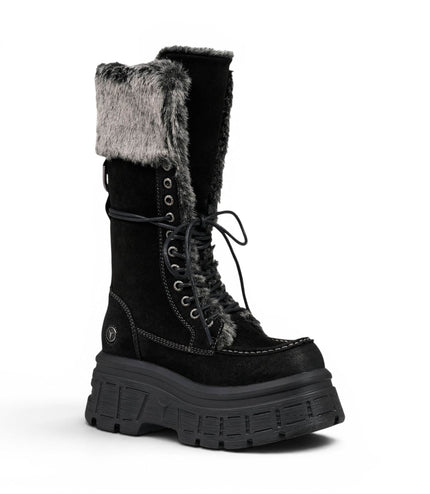 Windsorsmith Women's Black Suede Leather Platform Combat Fur Boots - Saintly