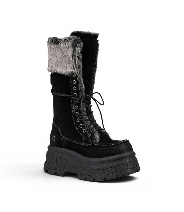 Windsorsmith Women's Black Suede Leather Platform Combat Fur Boots - Saintly