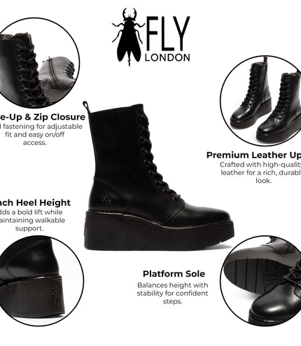 Fly London Womens Black Hait273 Leather Lace-Up Chunky Platform Ankle Boots