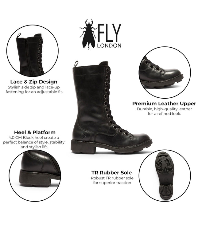 Fly London Women’s Black Leather Lace-Up Combat Ankle Boots- NOLE176