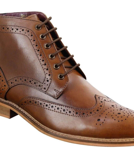 Mens Classic Oxford Brogue Ankle Boots In Tan Leather