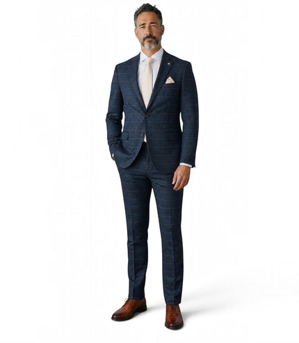 Men's Navy Tweed Herringbone Formal Check Blazer - Harris