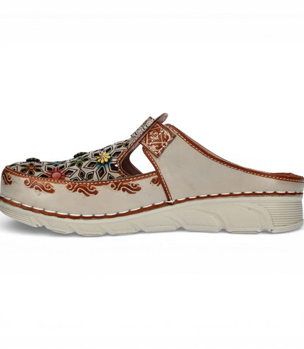 Laura Vita Women's Dorry 01 Floral Beige Leather Wedge Slipper Sandals