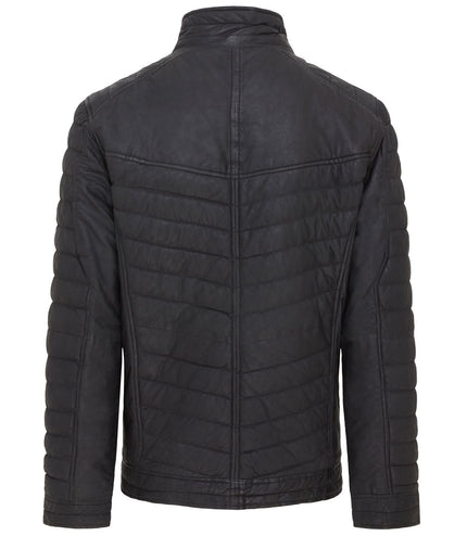 Men's Puffer Leather Biker Quilted Vintage Bomber Jacket - Black