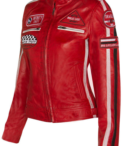 Womens Biker Racing Badges Leather Jacket-Eastleigh - Red