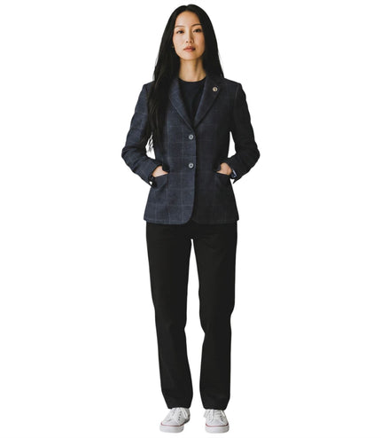 Women's Navy Tailored Check Tweed Blazer Formal Jacket - TPSTZ-7