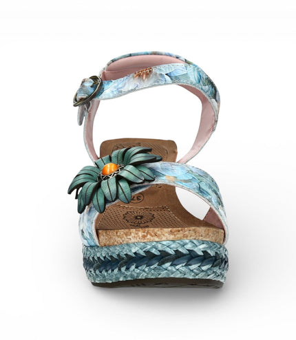Laura Vita Women's Facyo 75 Blue Floral Leather Wedge Espadrille Sandals
