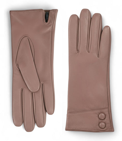 Womens Nude Beige Italian Leather Winter Button Design Soft Wool Lining Gloves - L-GLV-501