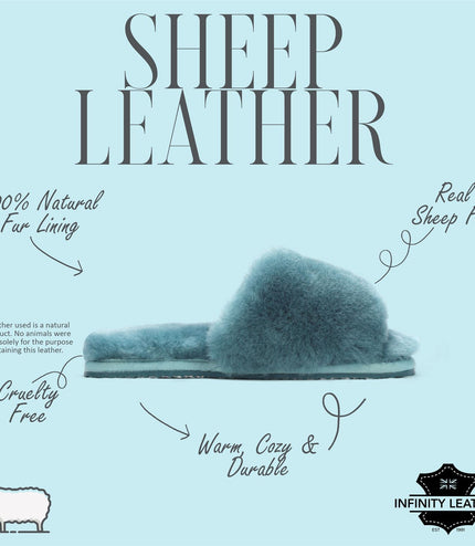 Women's Sheepskin Slippers Teal Warm Winter Fur Sliders - Nordic