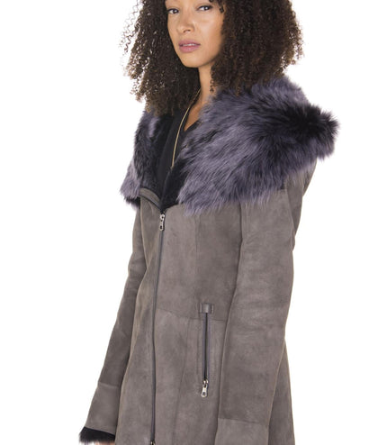 Womens Grey Suede Hooded Merino Sheepskin Coat-Monrovia
