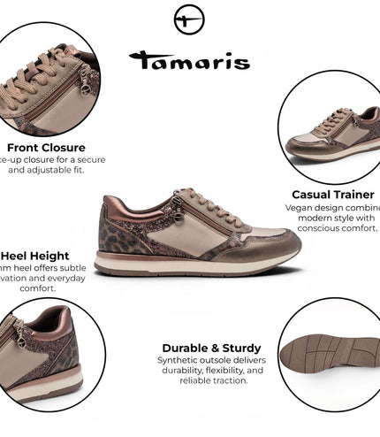 Tamaris Womens Taupe Faux Leather Fashion Lace Up Sneakers - 23613-46