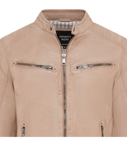 Men's Modern Classic Leather Quilted Biker Jacket - Derry - Beige