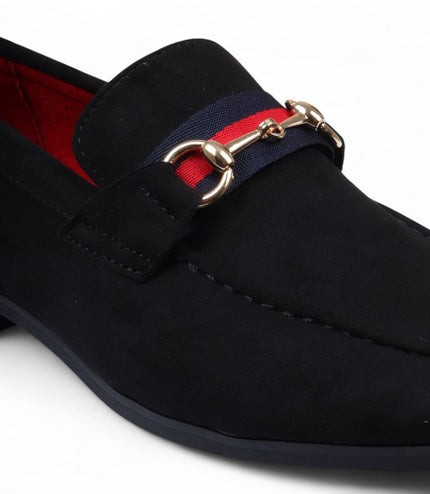 Men's Black Suede Loafers with Gold Buckle Slip-On Dress Shoes