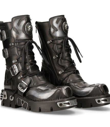 New Rock Flame Accented Black/Silver Leather Biker Boots - 107-S2