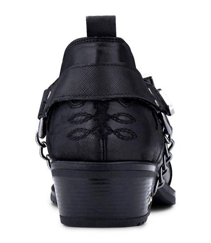 Men's Black Leather Metal Chain Winklepicker Cowboy Boots