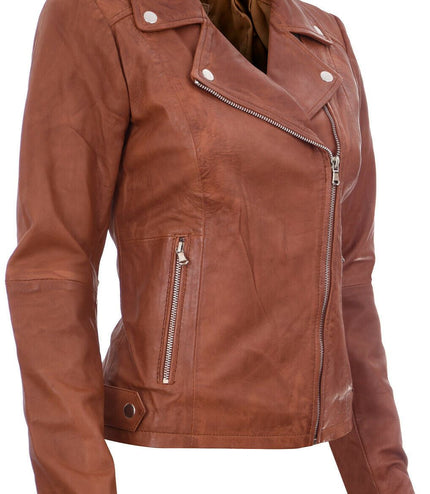Womens Tan Leather Biker Jacket-Sacramento