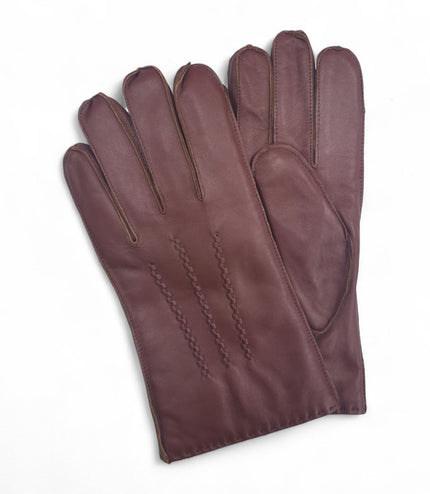 Men's Chestnut Brown Italian Leather Warm Wool Lining Winter Stich Design Gloves - M-LGV-205