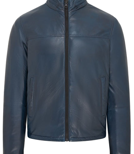 Mens Reversible Hooded Leather Jacket Premium Lambskin Napa - Blue/Khaki