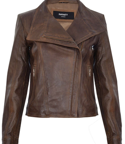 Womens Leather Shawl Wrap Biker Jacket - Riga - Brown