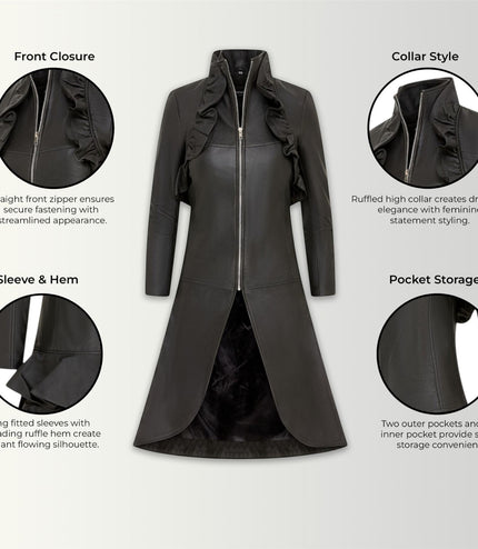Womens Goth Black Leather High Collar Victorian Flare Tailcoat - Challa