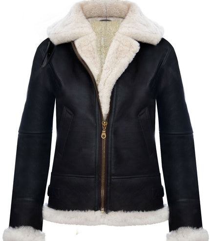Womens Hooded Sheepskin Flying Leather Jacket-Palermo - Brown Ginger