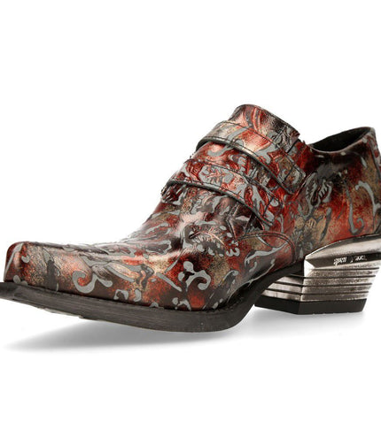 New Rock Embossed Black/Red Leather Buckled Shoes -7960-S5