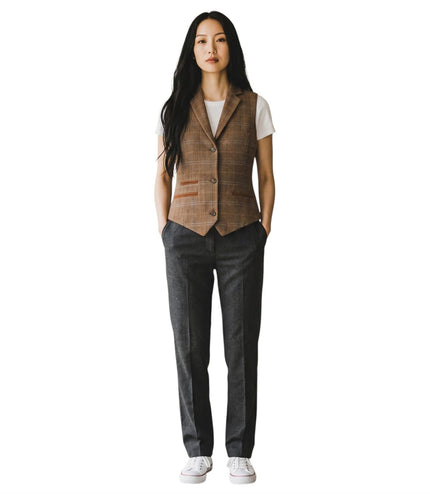 Women's Oak Brown Tailored Fit Tweed Waistcoat Formal Vest - TPSTZ-7