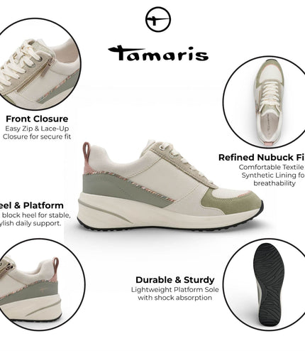 Tamaris Women's White Green Platform Trainers Sneaker Zip Lace-Up Running Shoes