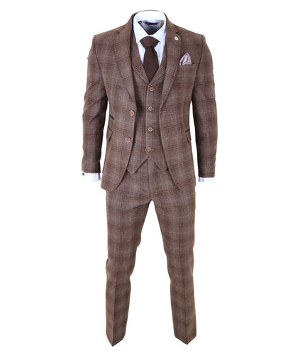 Men's Formal Brown Tweed  3 Piece Check Vintage Gatsby Style Suit
