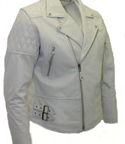 Mens Cowhide Leather Biker Jacket-Nassau - White