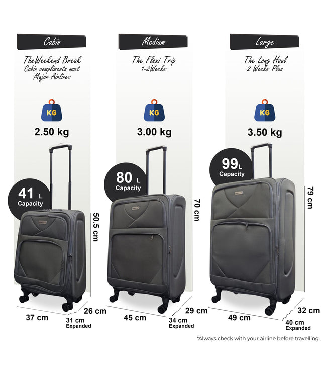 Nagoya Set of 3 Soft Shell Suitcase in Grey