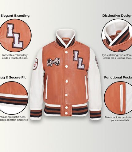 Kids Tan Letterman Leather Varsity College Bomber Jacket