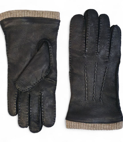 Men's Black Italian Leather Warm Wool Lining Winter Gloves - M-LGV-405