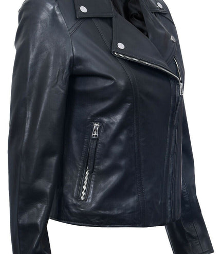 Womens Black Leather Biker Jacket-Tamale