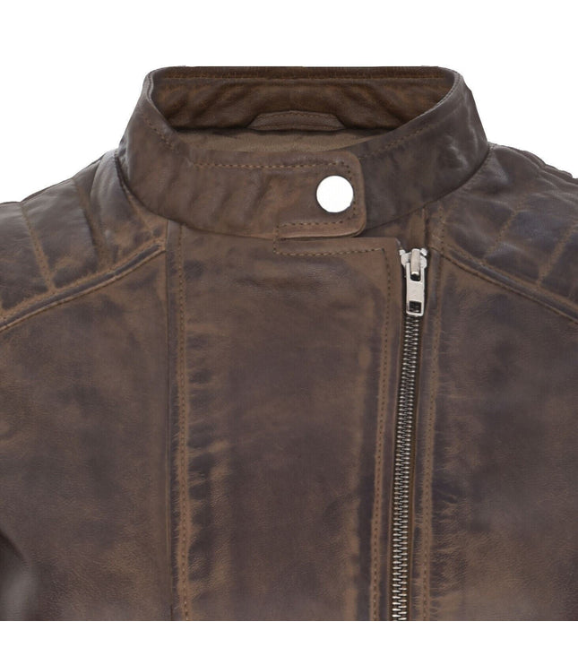 Womens Leather Biker Jacket-Celaya - Brown