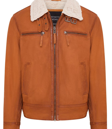 Mens Real Sheep Suede Bomber Jacket Aviator Jacket with Fur Lining - Tan