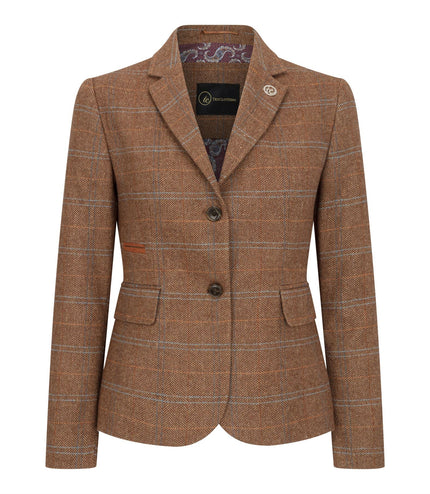 Women's Oak Brown Tailored Fit Tweed Blazer in Herringbone Check