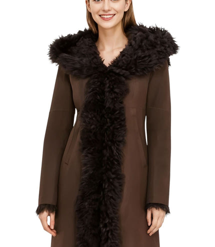 Womens Brown Toscana Sheepskin Leather Hooded Trench Coat - Coast