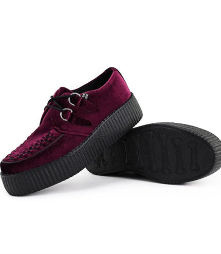 TUK Viva High Creeper Burgundy Velvet Platform Lace-Up Goth Shoes - AV6802