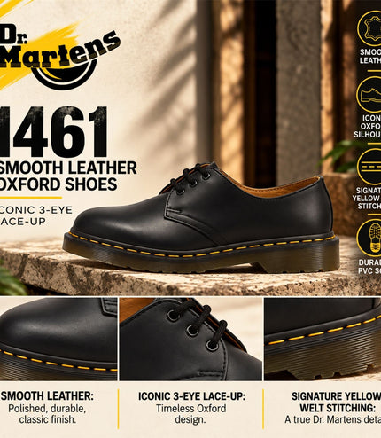 Dr Martens 1461 Black Smooth Leather 3-Eye Oxford Shoes - 11838002