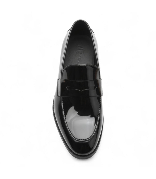 Mens Black Patent Faux Leather Formal Penny Loafers