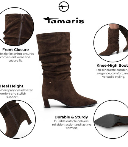 Tamaris Women's Mocca Brown Suede Mid-Calf Heeled Long Boots - 25308-47